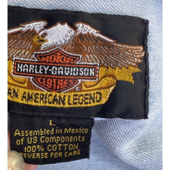 Harley-Davidson Blue Denim Button-Up Shirt L With Logo Pocket Trashed Frayed - Picture 5 of 10